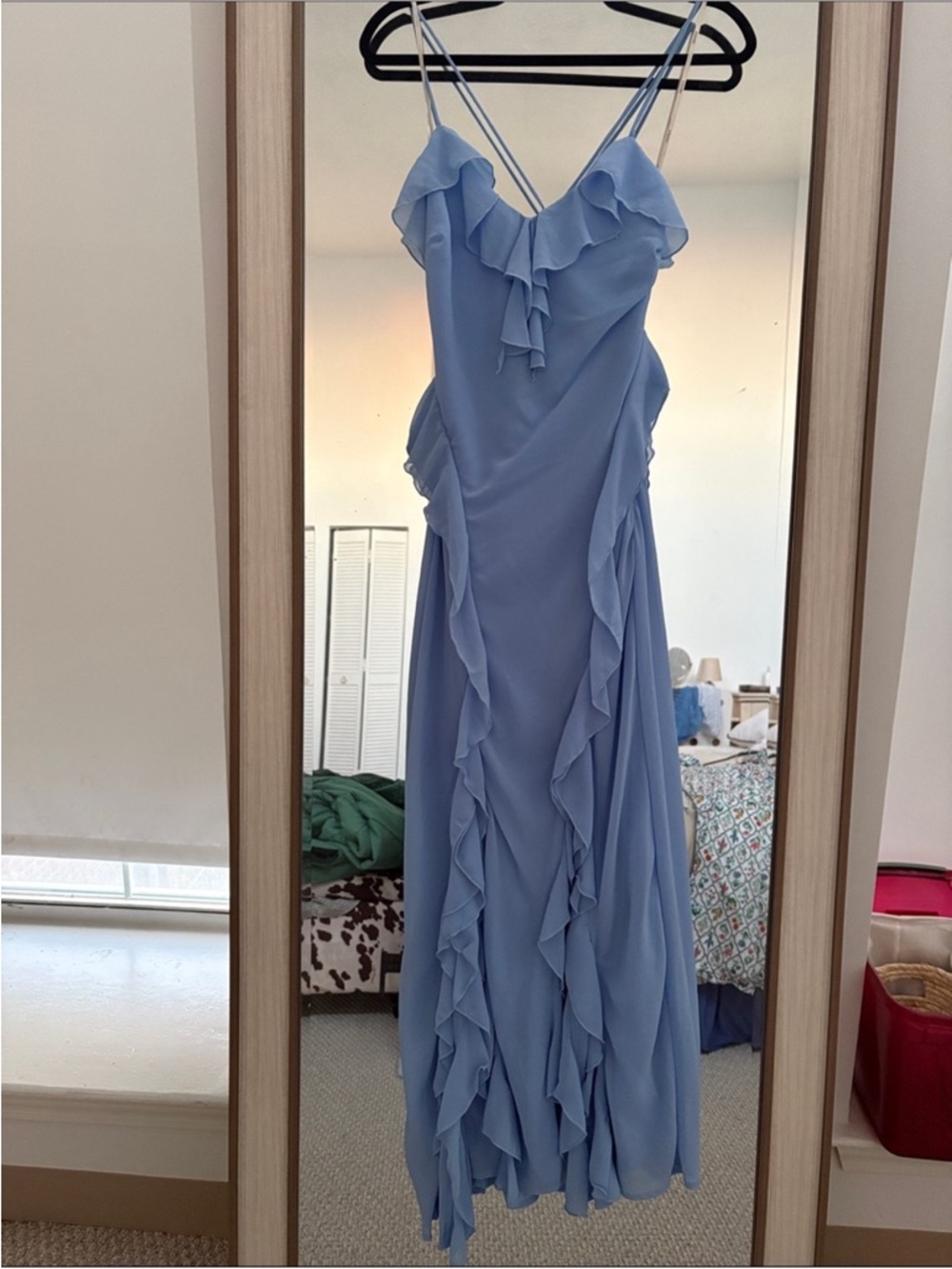 Ruffled V-Neck Light Blue Maxi Dress